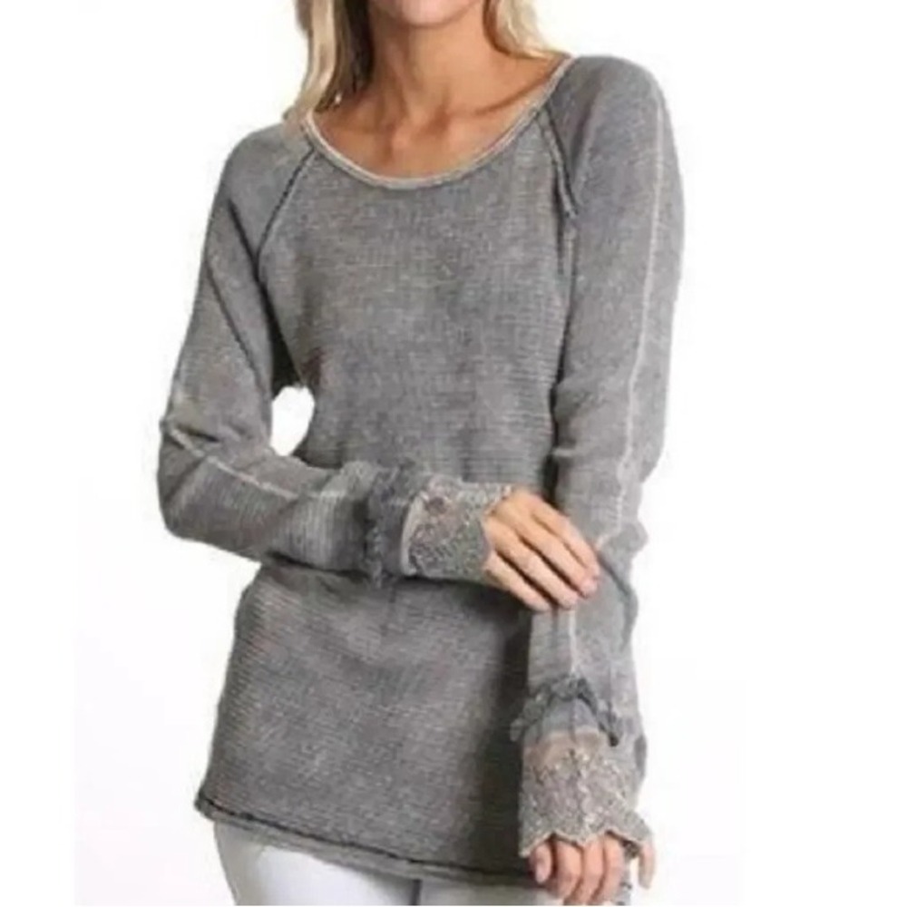 Able Gray Waffle Knit Thermal Scoop Neck Top Lace Cuff Boho Long Sleeve S